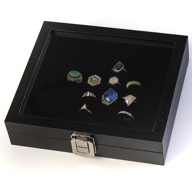 Huji Elegant Glass Top Ring Display Showcase - Velvet Insert Liner - Perfect Jewelry Organizer for Rings and More (36 Slot Case) - Image 1